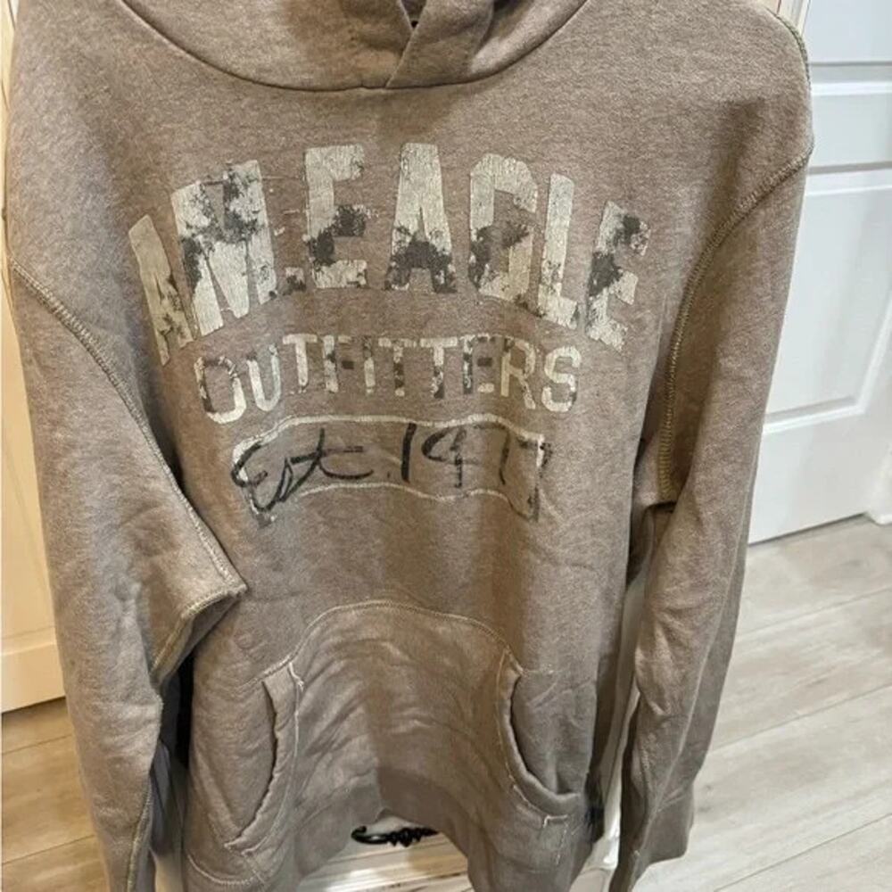 American Eagle Outfitters Brown Tan Hoodie Sweatshirt 1977 Logo Cotton - Picture 4 of 9